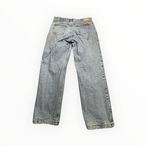 Cabelas Mens Flannel Lined Denim Jeans Light Wash Blue Plaid Lining 36x30 - Picture 2 of 16